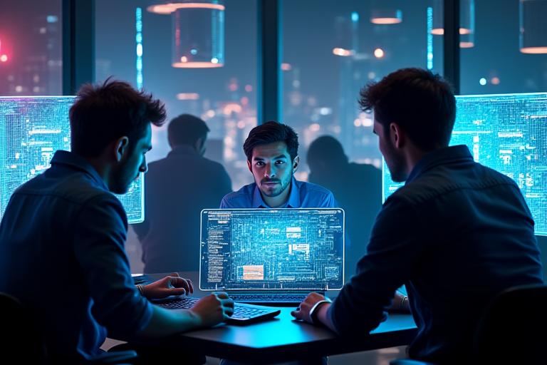 A diverse team of game developers and tech experts collaborating on cloud infrastructure, surrounded by holographic displays of data and gaming graphics.